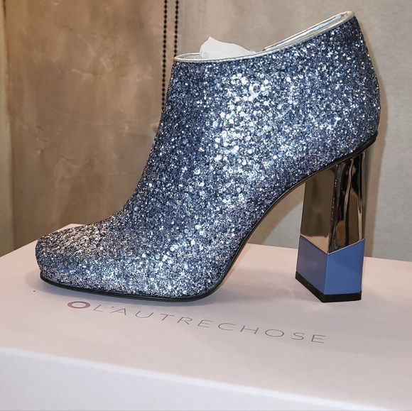 L'Autre Chose Sequin Glitter Ankle Boots, Mirror Chrome Two Toned Stacked  Heels - Picture 6 of 17
